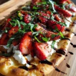 Strawberries flatbread topped with balsamic glaze and fresh herbs