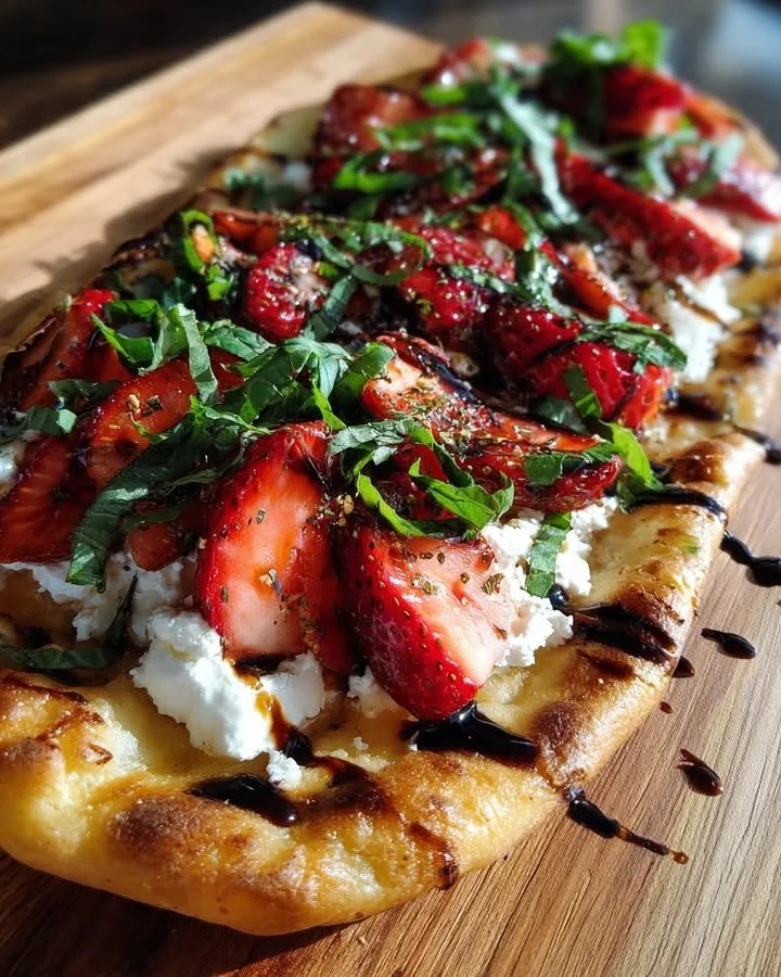Strawberries flatbread topped with balsamic glaze and fresh herbs