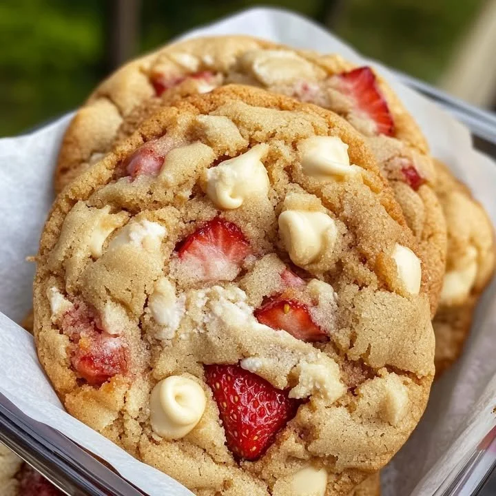 Freshly baked Strawberry White Chocolate Chip Cookies on a plate