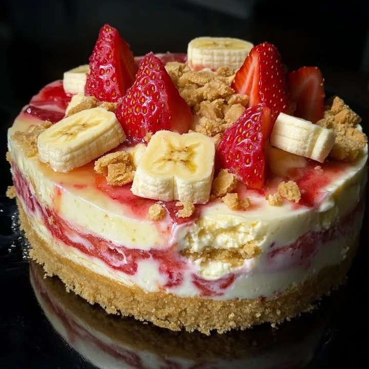 Delicious Strawberry Banana Cheesecake topped with fresh strawberries and bananas.