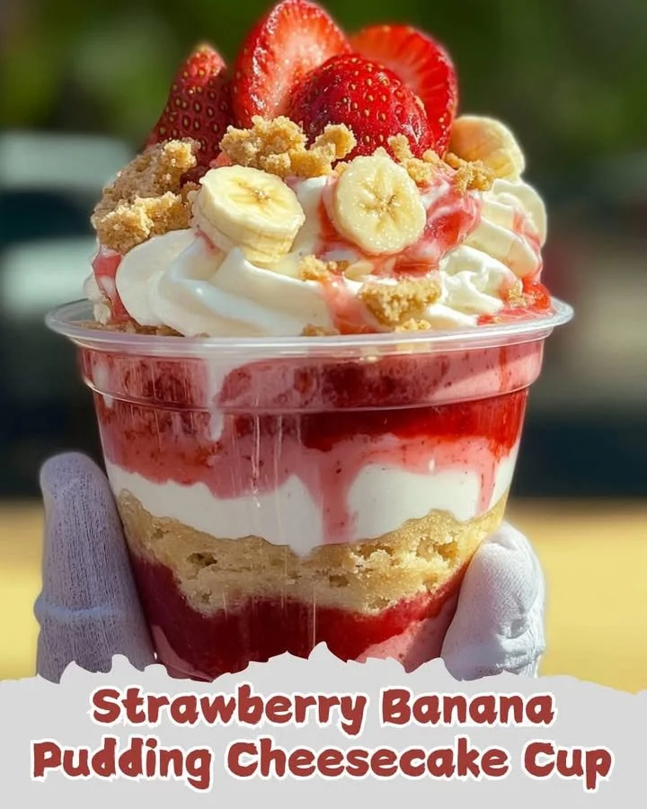 Strawberry Banana Pudding Cheesecake Cup with fresh strawberries and banana pudding layers