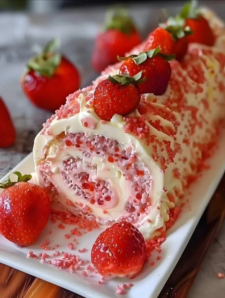 Delicious strawberry birthday cake roll served on a festive plate.
