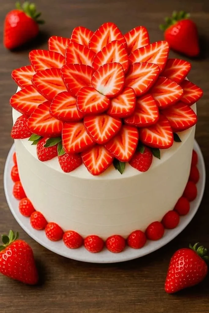 Delicious Strawberry Bloom Vanilla Cake with fresh strawberries and vanilla frosting