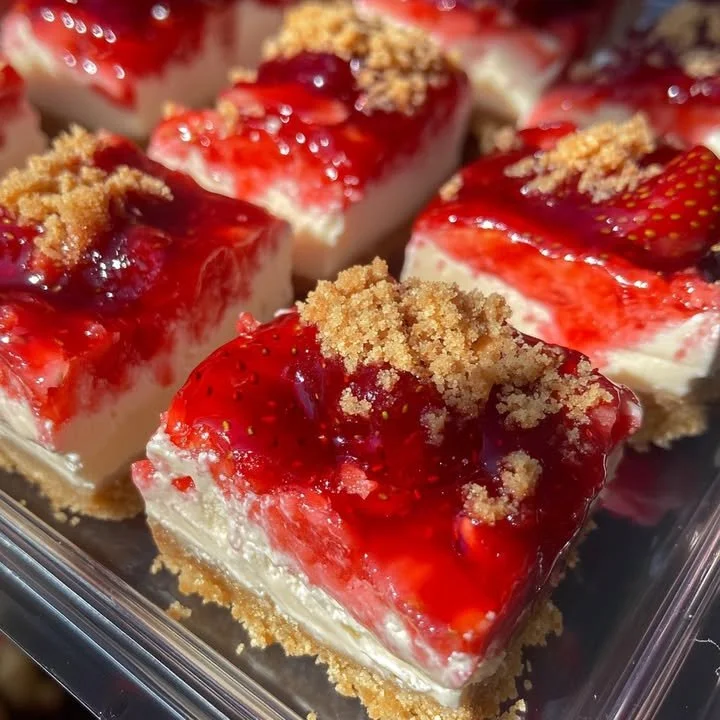 Delicious Strawberry Cheesecake Bars topped with fresh strawberries and a graham cracker crust.
