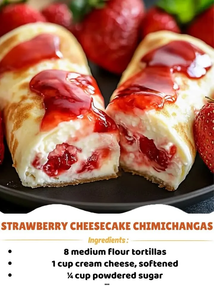 Delicious Strawberry Cheesecake Chimichangas drizzled with strawberry sauce