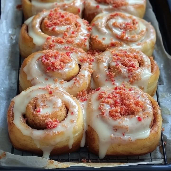 Delicious Strawberry Cheesecake Cinnamon Rolls drizzled with icing