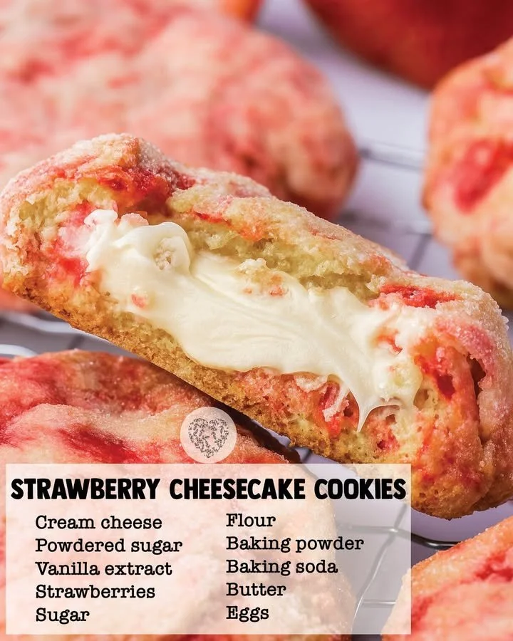 Homemade strawberry cheesecake cookies with fresh strawberries and creamy filling.