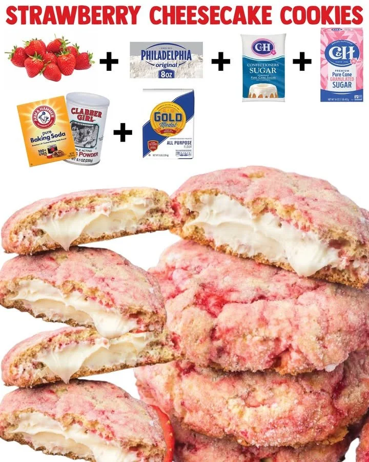 Homemade strawberry cheesecake cookies with fresh strawberries and cream cheese icing