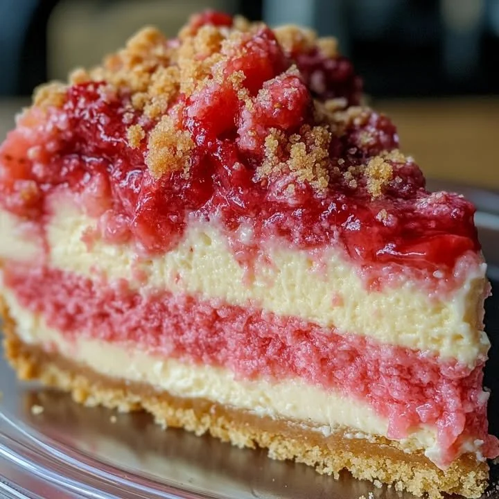 Delicious strawberry cheesecake garnished with fresh strawberries.