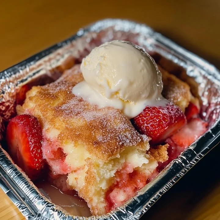 Delicious homemade strawberry cobbler with fresh strawberries and crispy topping