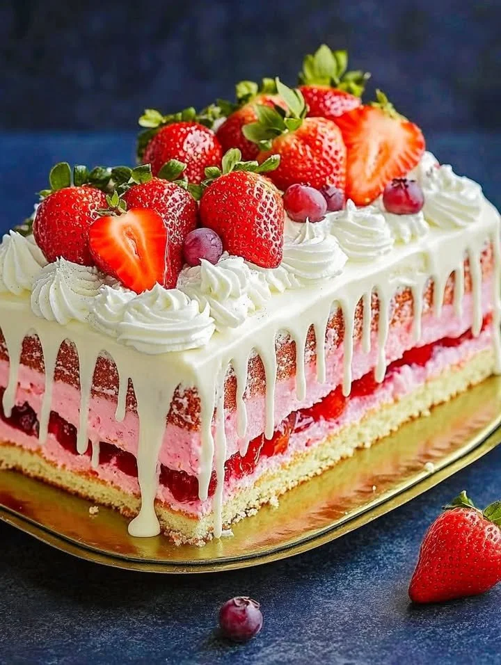 Delicious Strawberry Cream Layer Cake with a decadent White Chocolate Drip