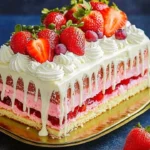 Strawberry Cream Layer Cake with White Chocolate Drip, decorated and ready to serve.