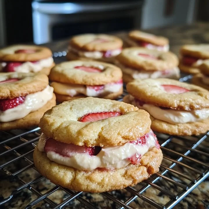 Delicious strawberry cream sandwich cookies on a plate
