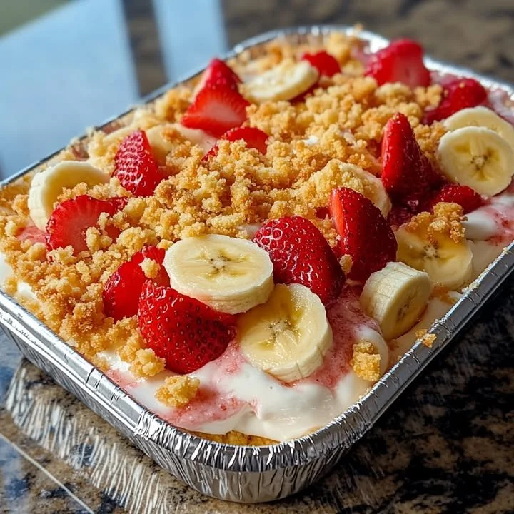 Strawberry Crunch Banana Pudding dessert in a bowl with fresh strawberries
