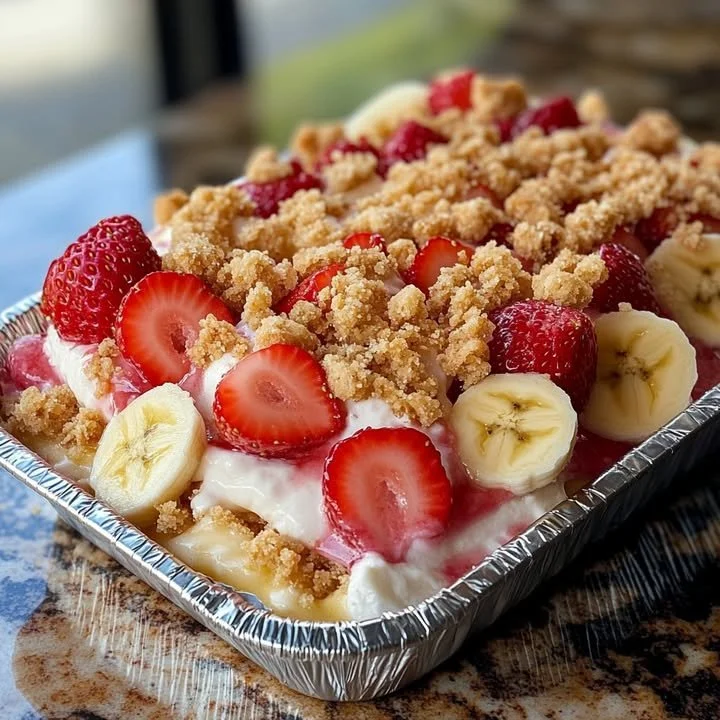 Strawberry Crunch Banana Pudding Dessert Pan topped with fresh strawberries