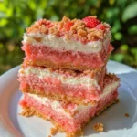 Delicious strawberry crunch bars with cream cheese frosting and strawberry crumble topping