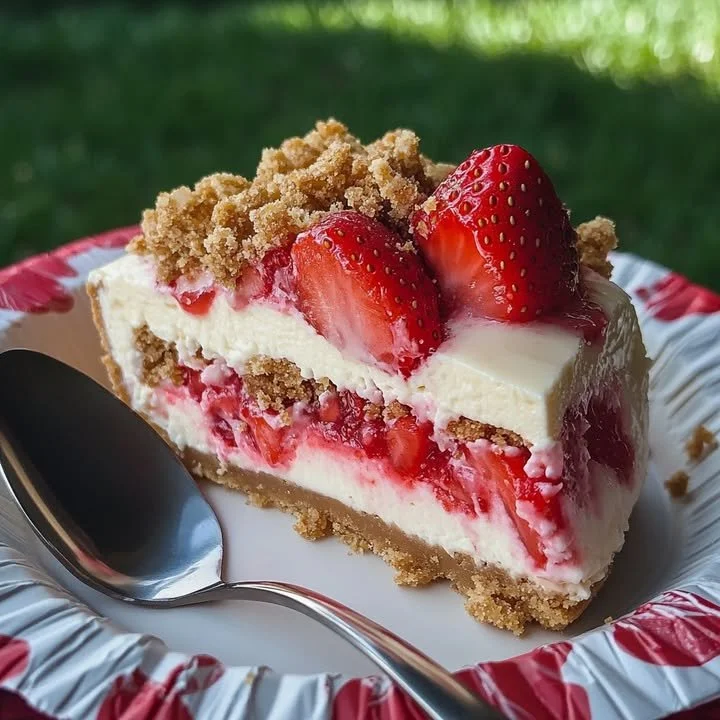 Delicious Strawberry Crunch Cheesecake topped with strawberry crunch topping