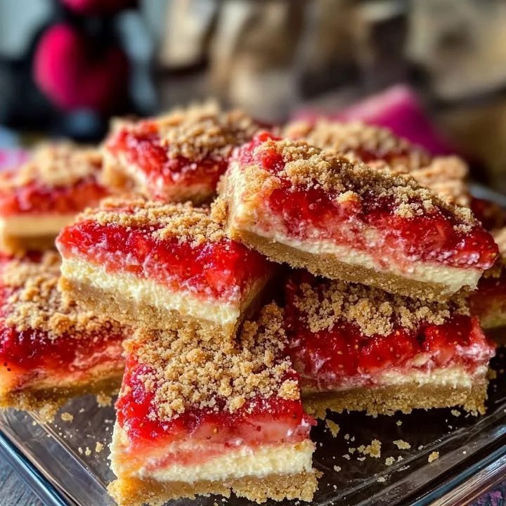 Delicious Strawberry Crunch Cheesecake Bars with a crunchy topping and creamy filling