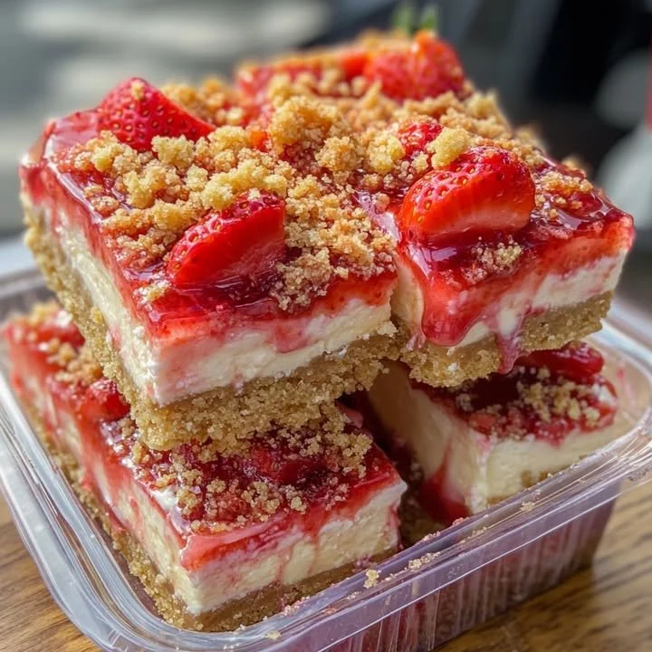 Delicious Strawberry Crunch Cheesecake Bars topped with strawberries and crunch.