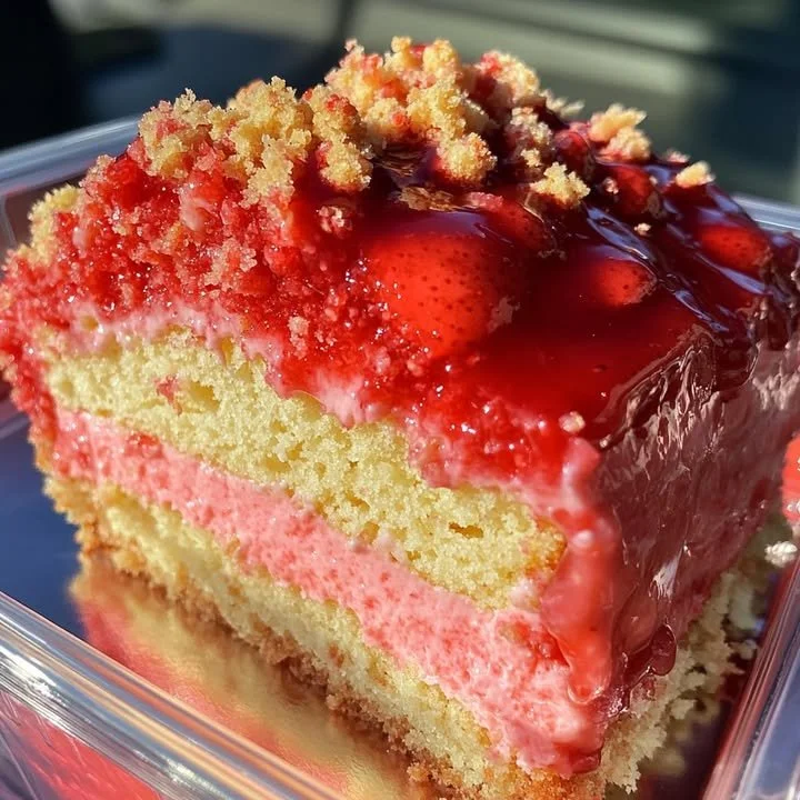 Strawberry Crunch Cheesecake Cake with creamy layers and crunchy topping