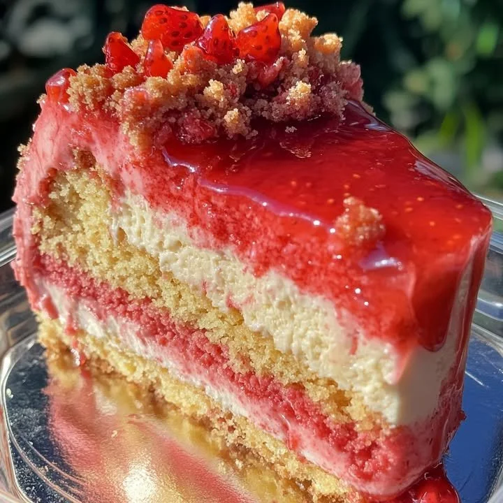 Strawberry Crunch Cheesecake Cake with fresh strawberries and a crunchy topping