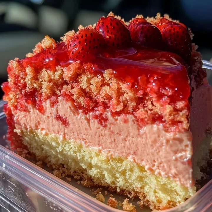 Strawberry Crunch Cheesecake Cake topped with fresh strawberries and crunchy bits