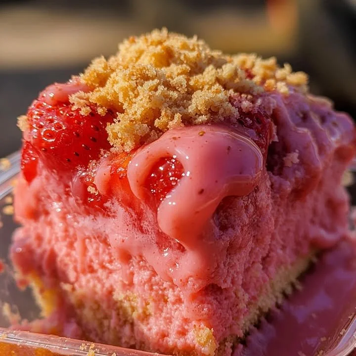 Delicious Strawberry Crunch Cheesecake Cake with layers of cheesecake and strawberry topping.