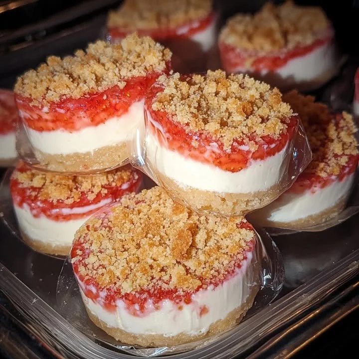 Delicious strawberry crunch cheesecake sandwich bites on a plate