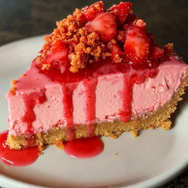 Delicious Strawberry Crunch Cheesecake with creamy strawberry icing