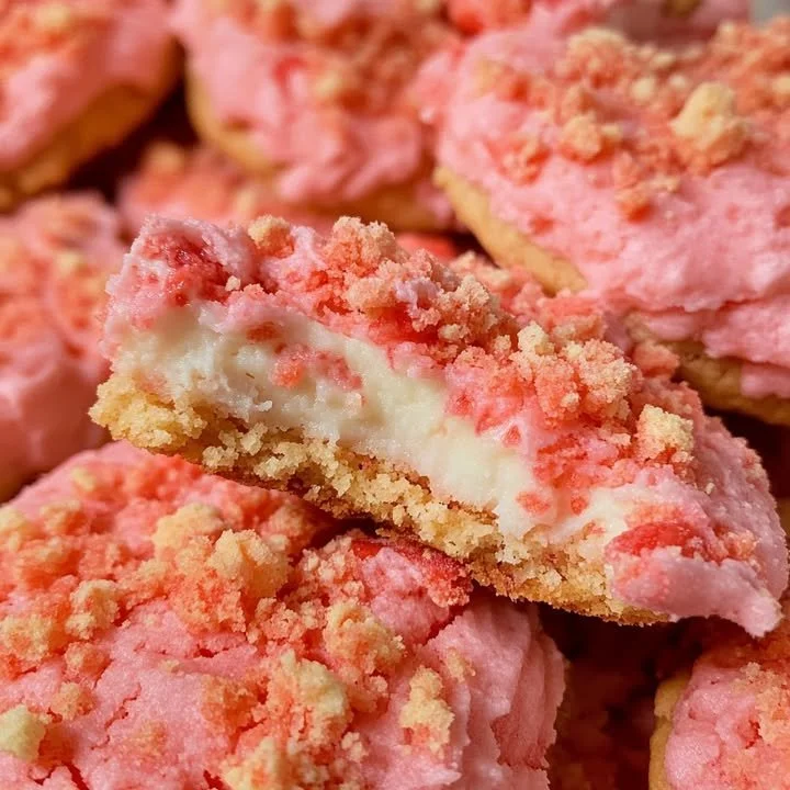 Strawberry crunch cookies adorned with cream cheese frosting on a plate