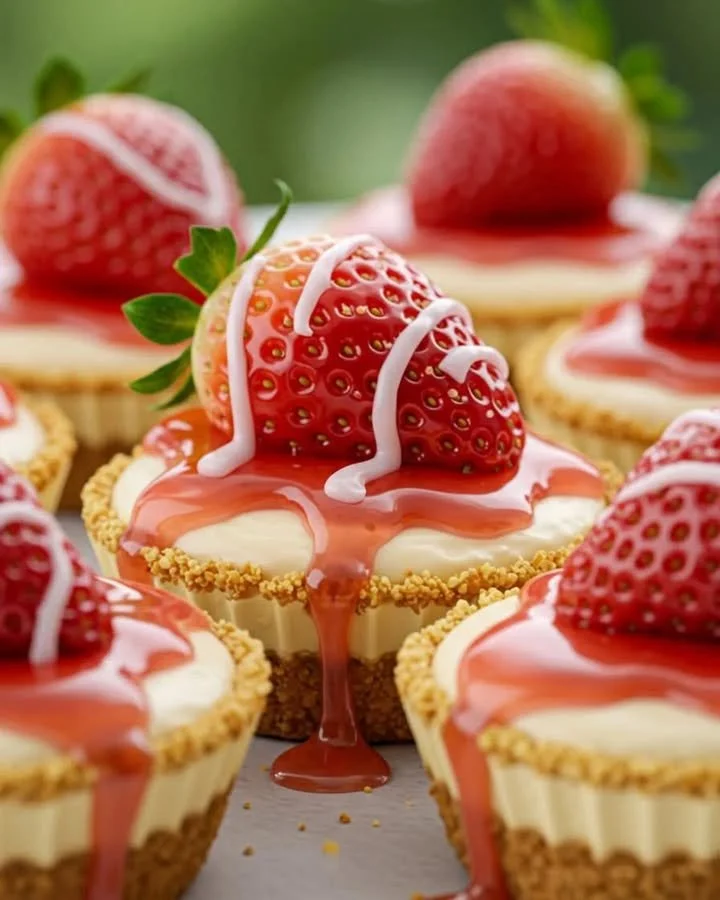 Strawberry crunch mini cheesecake bites topped with a crunchy layer
