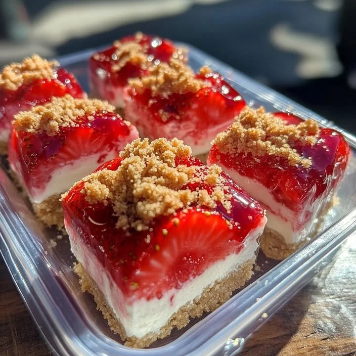 Strawberry crunch cheesecake bites topped with strawberry crumbles.