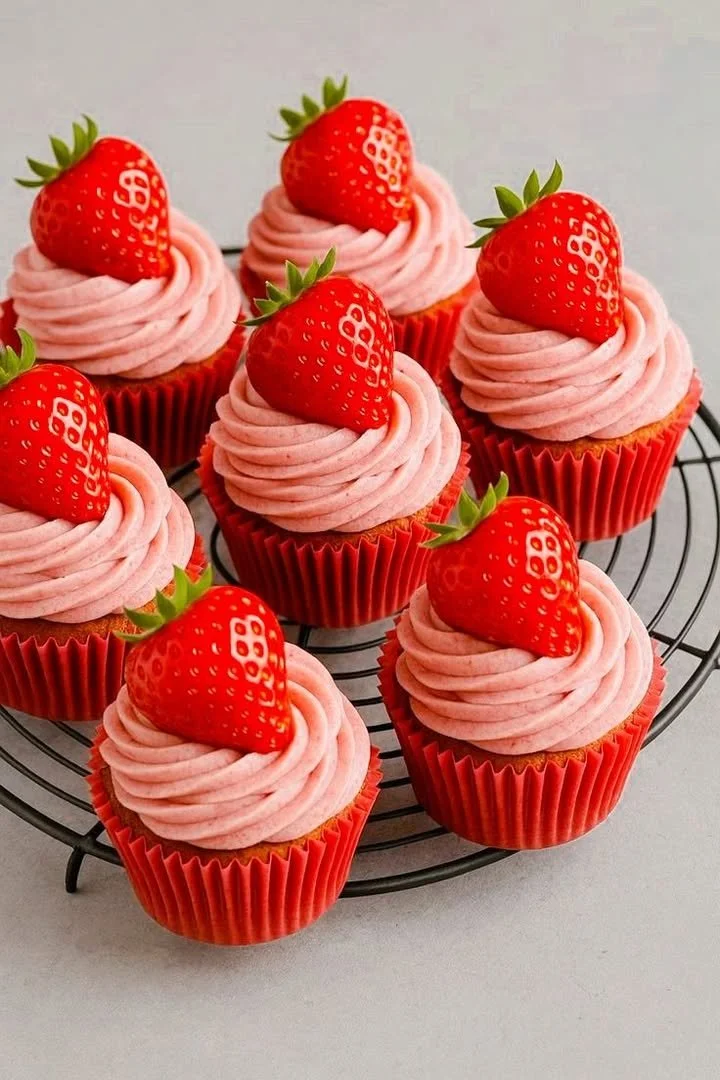 Delicious strawberry cupcakes with creamy strawberry buttercream frosting.
