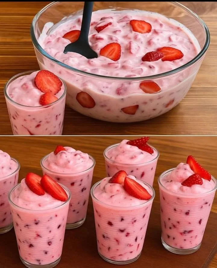 Delightful strawberry dessert topped with fresh strawberries and whipped cream