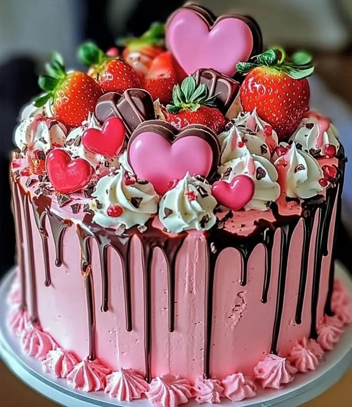 Strawberry Drip Cake with vibrant icing and decorative drips