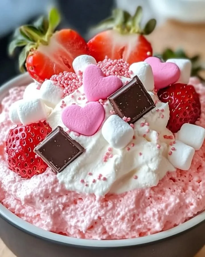 Delicious Strawberry Fluff dessert topped with fresh strawberries and whipped cream.