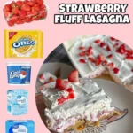 Delicious Strawberry Fluff Lasagna featuring layers of strawberries and creamy filling