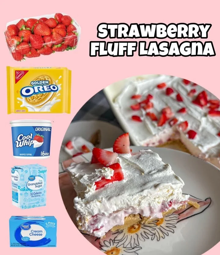Delicious Strawberry Fluff Lasagna featuring layers of strawberries and creamy filling