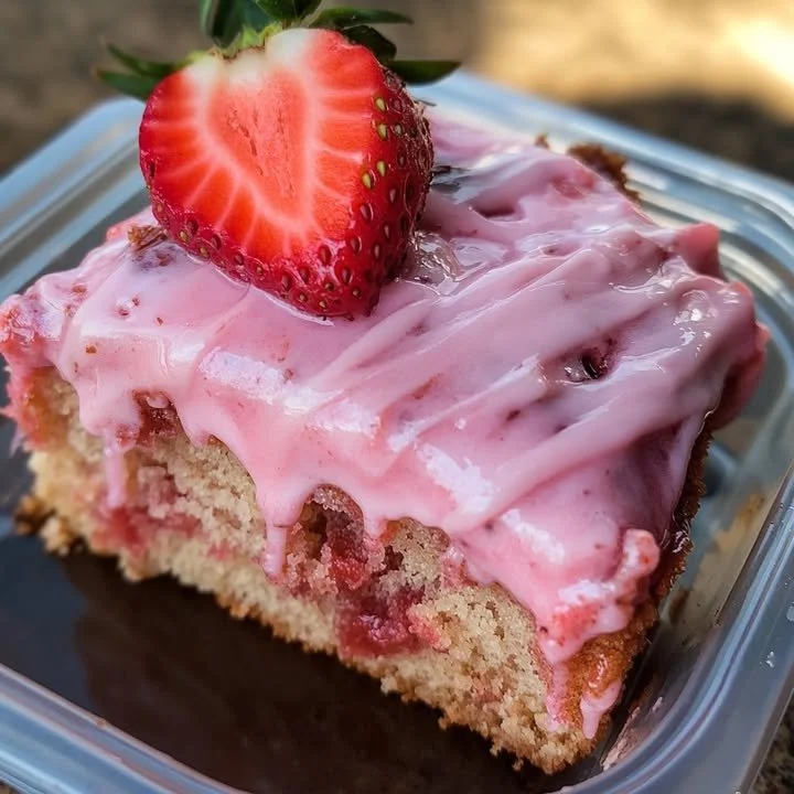 Delicious Strawberry Honey Bun Cake topped with rich strawberry cream icing