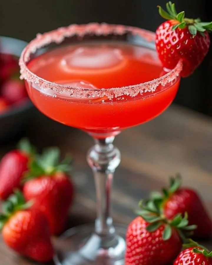 A refreshing Strawberry Kiss Martini garnished with fresh strawberries.