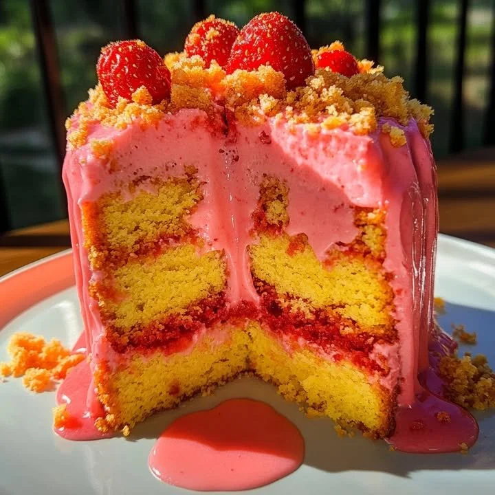 Delicious Strawberry Lemon Crunch Cake with creamy strawberry icing
