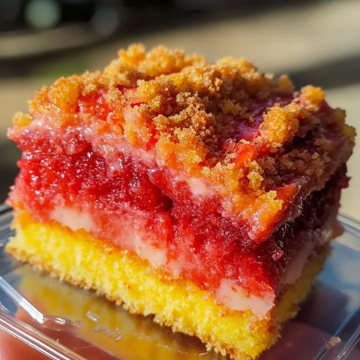 Strawberry Lemon Crunch Cake with cheesecake filling and a vibrant swirl