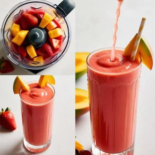 Fresh strawberry mango smoothie in a glass with straw and fruits