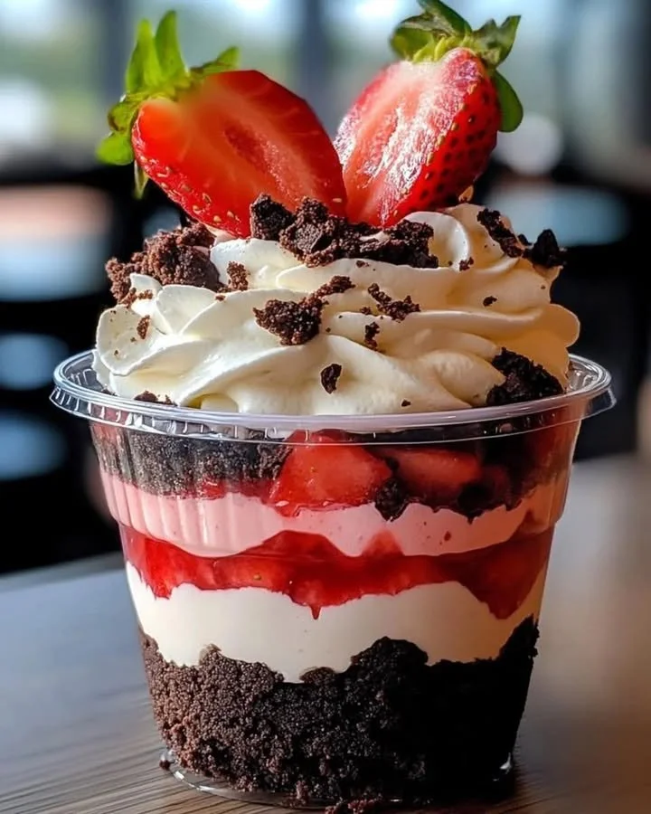 Delicious Strawberry Oreo Cheesecake Cup featuring layers of cheesecake and fresh strawberries.