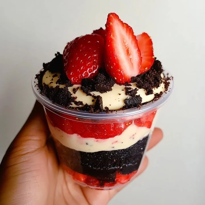 Strawberry Oreo Cheesecake Cup with layers of cheesecake, strawberries, and Oreo cookie crust.
