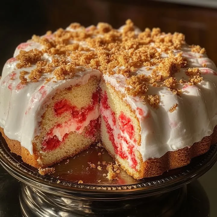 Delicious Strawberry Oreo Crunch Pound Cake served on a plate
