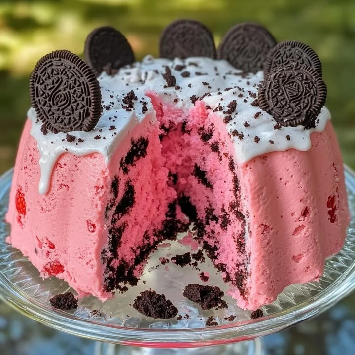 Delicious Strawberry Oreo Pound Cake topped with fresh strawberries and Oreo crumbs