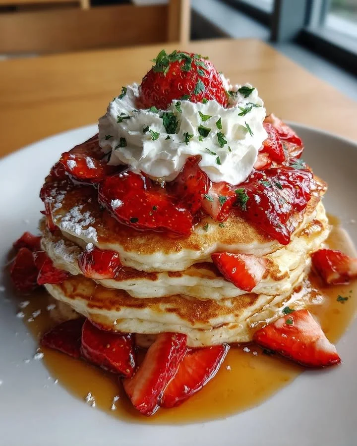 Delicious strawberry pancakes topped with fresh strawberries and syrup