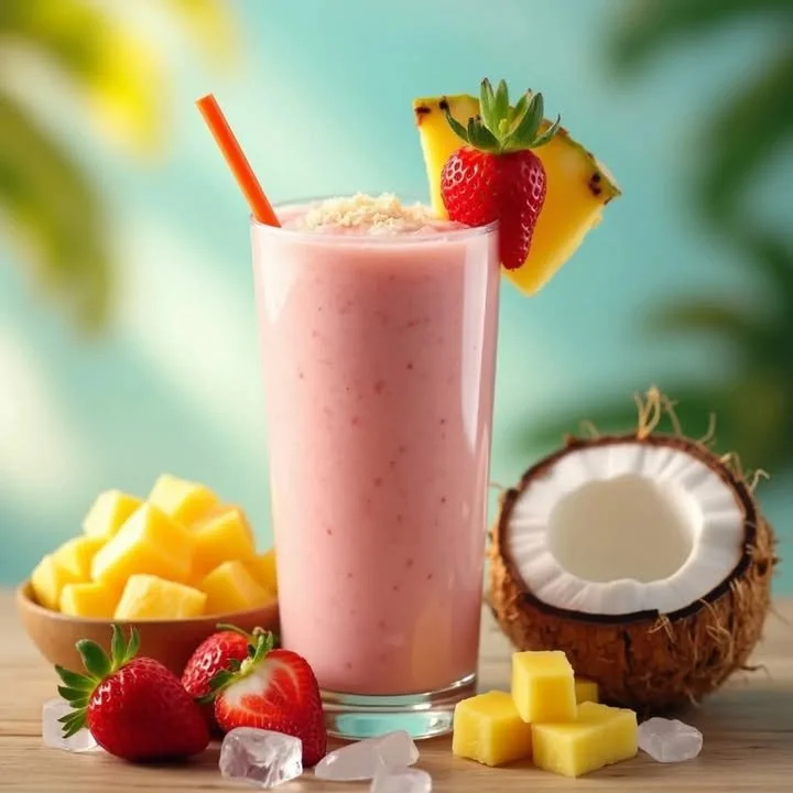 Strawberry Piña Colada Smoothie garnished with fresh strawberries and pineapples