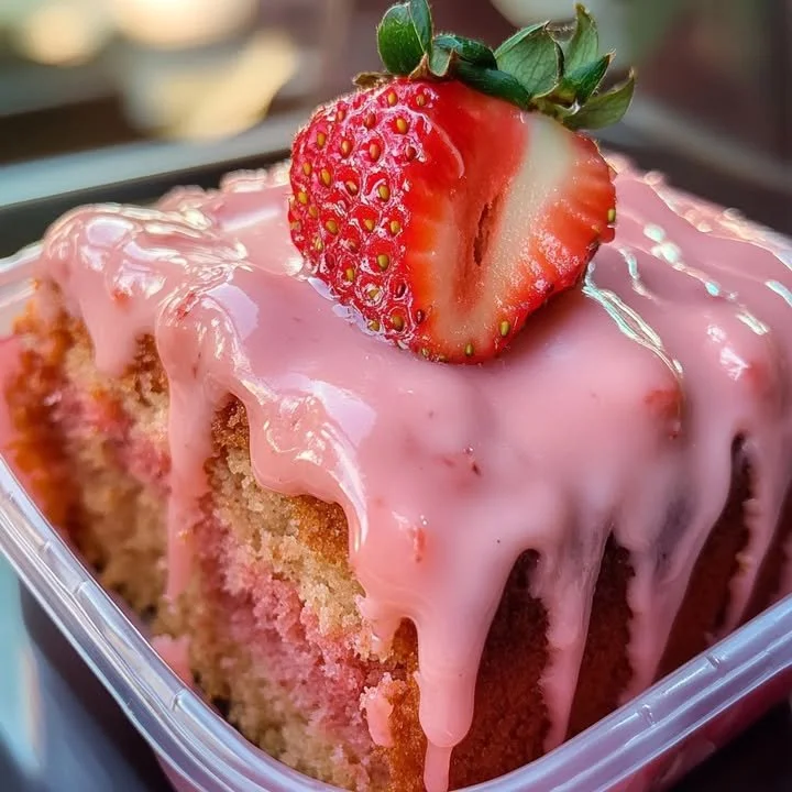Strawberry Pink Honey Bun Cake topped with glaze and strawberries